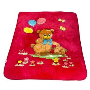 Vintage Mink Baby Blanket Bear Puppy Balloons Butterflies Plush‎ Kawaii red Trim